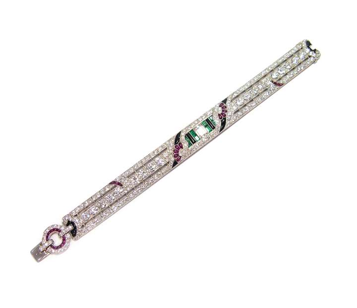 Ruby, emerald, diamond and onyx strap bracelet